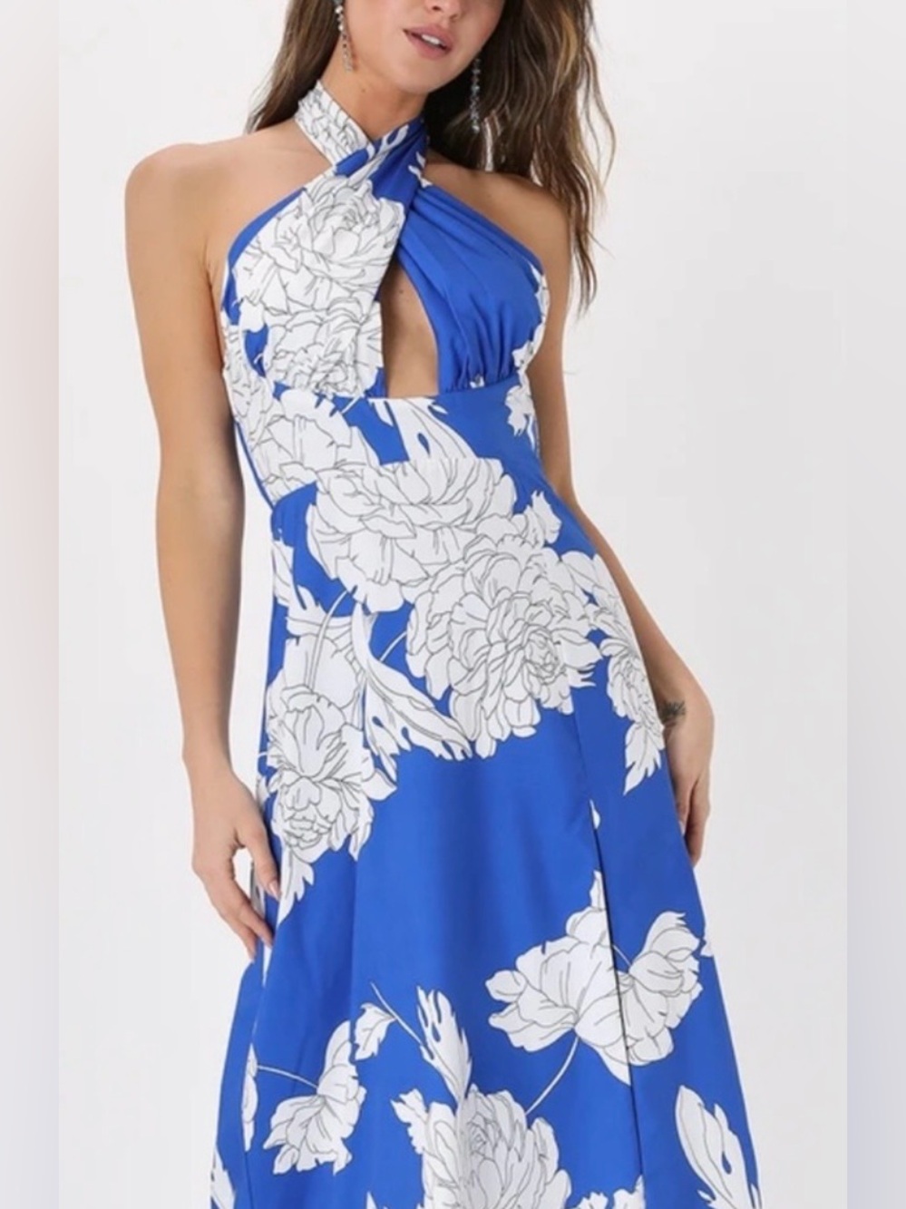 NWT Lulus Impressive Icon Blue Floral Halter Neck Midi Dress Blue White - Sz L
